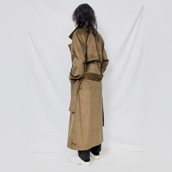 Olive Corduroy Maxi Raglan Trench Coat from Assembly New York